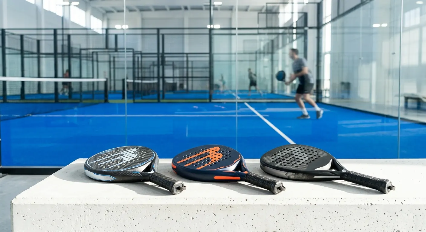 Three padel palas arranged by shape on a cobalt blue court surface inside a glass-walled indoor court, showing round, teardrop, and diamond frame profiles side by side