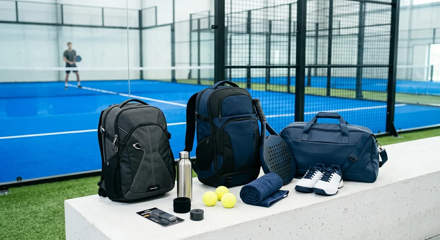 A mid-size padel paletero bag open on a courtside bench with two padel palas visible in the thermal compartment, glass court panels and blue turf in the background