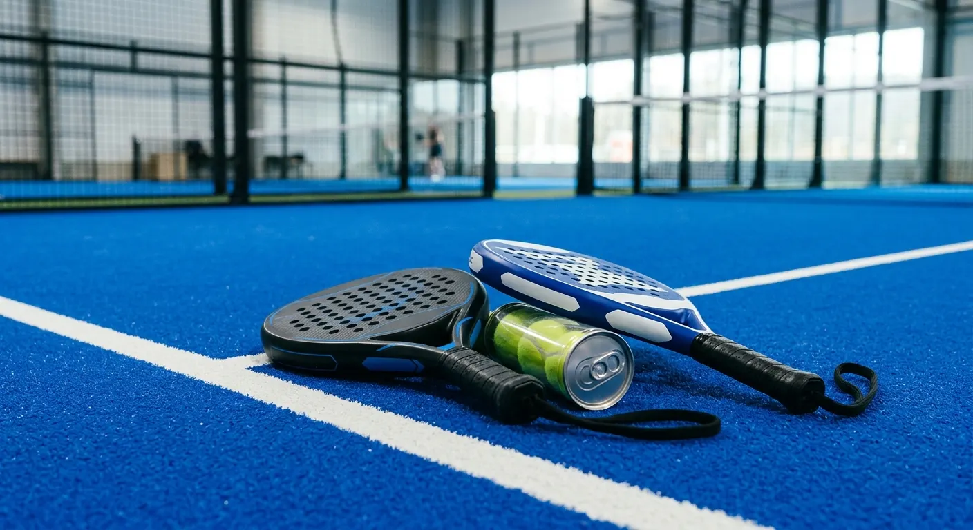 Padel rackets and balls on a blue court with crisp cobalt court lines